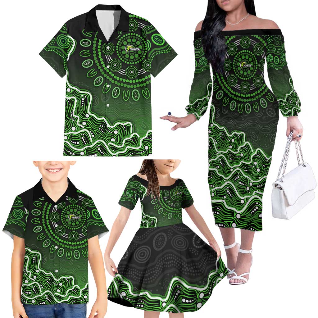 Sydney Thunder Cricket Mascot Family Matching Off The Shoulder Long Sleeve Dress and Hawaiian Shirt Aboriginal Dot Art Green And Black Tribal Pattern