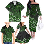Sydney Thunder Cricket Mascot Family Matching Off The Shoulder Long Sleeve Dress and Hawaiian Shirt Aboriginal Dot Art Green And Black Tribal Pattern