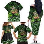 Sydney Thunder Cricket Mascot Family Matching Off The Shoulder Long Sleeve Dress and Hawaiian Shirt Aboriginal Dot Art Green And Black Tribal Pattern