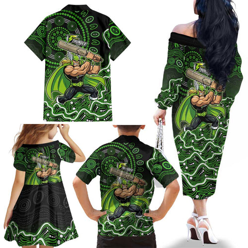 Sydney Thunder Cricket Mascot Family Matching Off The Shoulder Long Sleeve Dress and Hawaiian Shirt Aboriginal Dot Art Green And Black Tribal Pattern