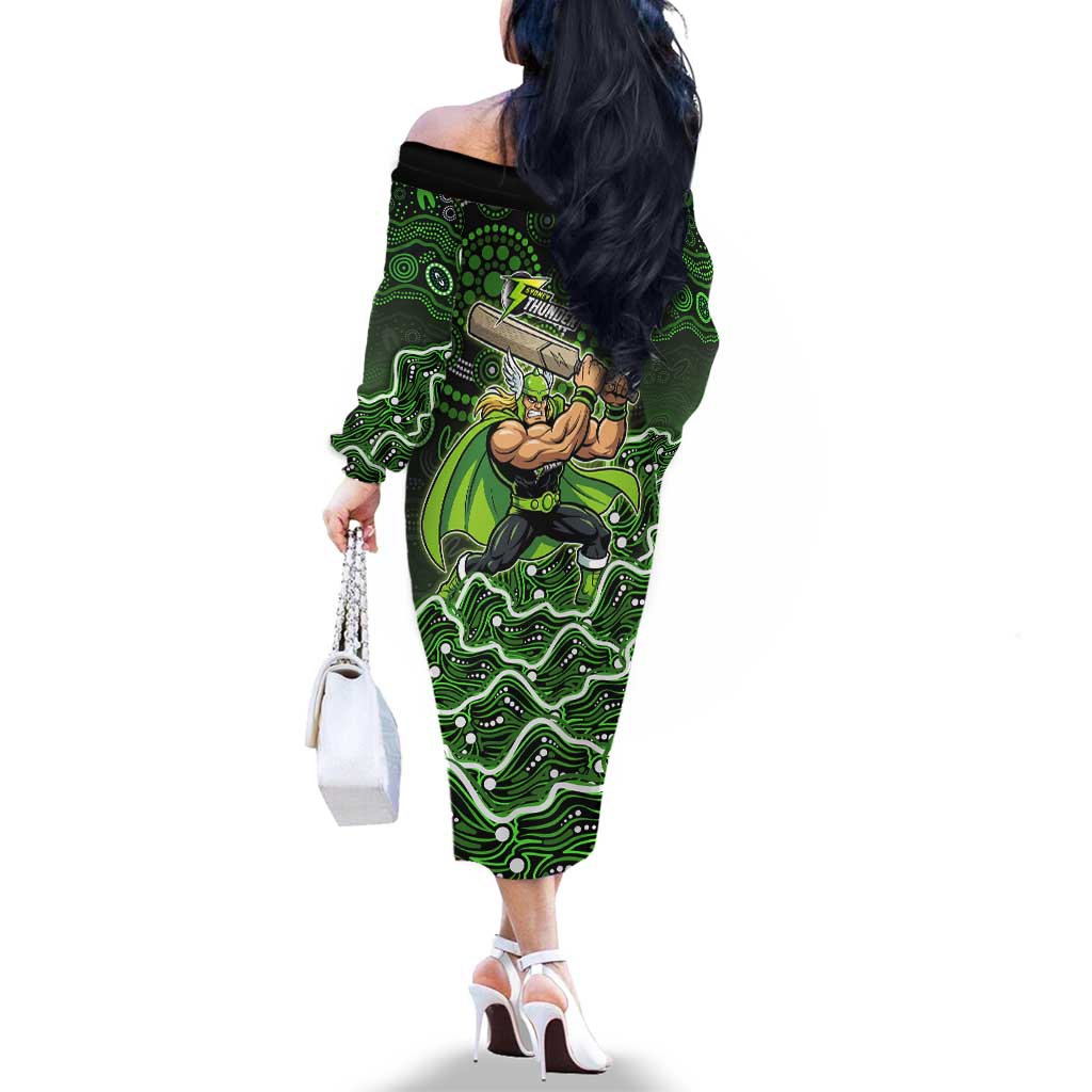 Sydney Thunder Cricket Mascot Family Matching Off The Shoulder Long Sleeve Dress and Hawaiian Shirt Aboriginal Dot Art Green And Black Tribal Pattern