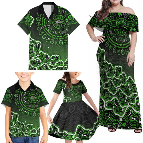 Sydney Thunder Cricket Mascot Family Matching Off Shoulder Maxi Dress and Hawaiian Shirt Aboriginal Dot Art Green And Black Tribal Pattern