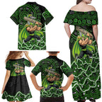 Sydney Thunder Cricket Mascot Family Matching Off Shoulder Maxi Dress and Hawaiian Shirt Aboriginal Dot Art Green And Black Tribal Pattern