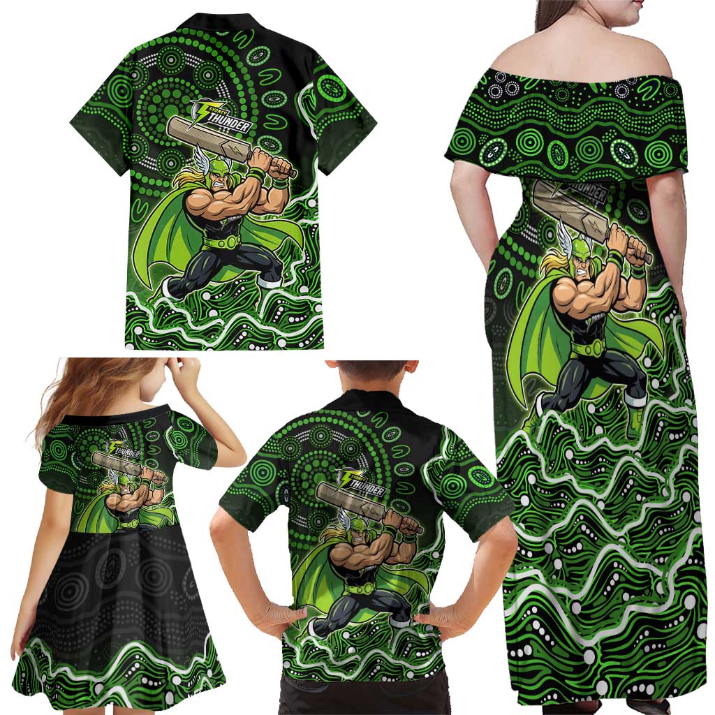 Sydney Thunder Cricket Mascot Family Matching Off Shoulder Maxi Dress and Hawaiian Shirt Aboriginal Dot Art Green And Black Tribal Pattern