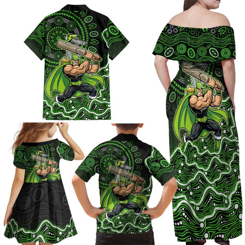 Sydney Thunder Cricket Mascot Family Matching Off Shoulder Maxi Dress and Hawaiian Shirt Aboriginal Dot Art Green And Black Tribal Pattern