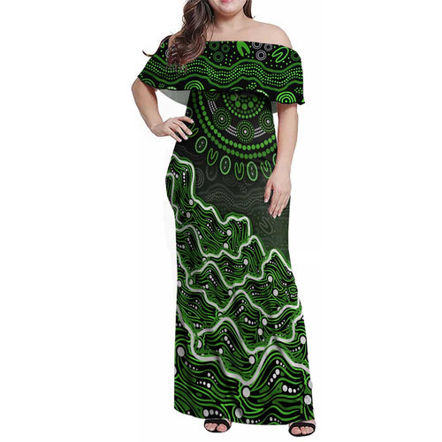 Sydney Thunder Cricket Mascot Family Matching Off Shoulder Maxi Dress and Hawaiian Shirt Aboriginal Dot Art Green And Black Tribal Pattern