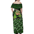 Sydney Thunder Cricket Mascot Family Matching Off Shoulder Maxi Dress and Hawaiian Shirt Aboriginal Dot Art Green And Black Tribal Pattern
