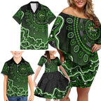 Sydney Thunder Cricket Mascot Family Matching Off Shoulder Short Dress and Hawaiian Shirt Aboriginal Dot Art Green And Black Tribal Pattern