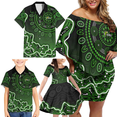 Sydney Thunder Cricket Mascot Family Matching Off Shoulder Short Dress and Hawaiian Shirt Aboriginal Dot Art Green And Black Tribal Pattern