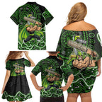 Sydney Thunder Cricket Mascot Family Matching Off Shoulder Short Dress and Hawaiian Shirt Aboriginal Dot Art Green And Black Tribal Pattern