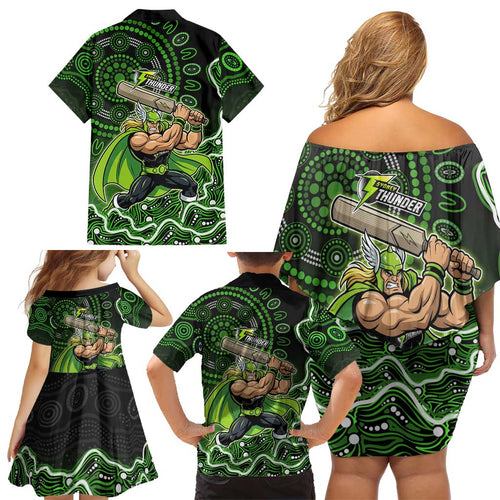 Sydney Thunder Cricket Mascot Family Matching Off Shoulder Short Dress and Hawaiian Shirt Aboriginal Dot Art Green And Black Tribal Pattern