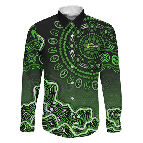 Sydney Thunder Cricket Mascot Family Matching Off Shoulder Short Dress and Hawaiian Shirt Aboriginal Dot Art Green And Black Tribal Pattern