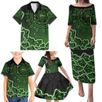 Sydney Thunder Cricket Mascot Family Matching Puletasi and Hawaiian Shirt Aboriginal Dot Art Green And Black Tribal Pattern