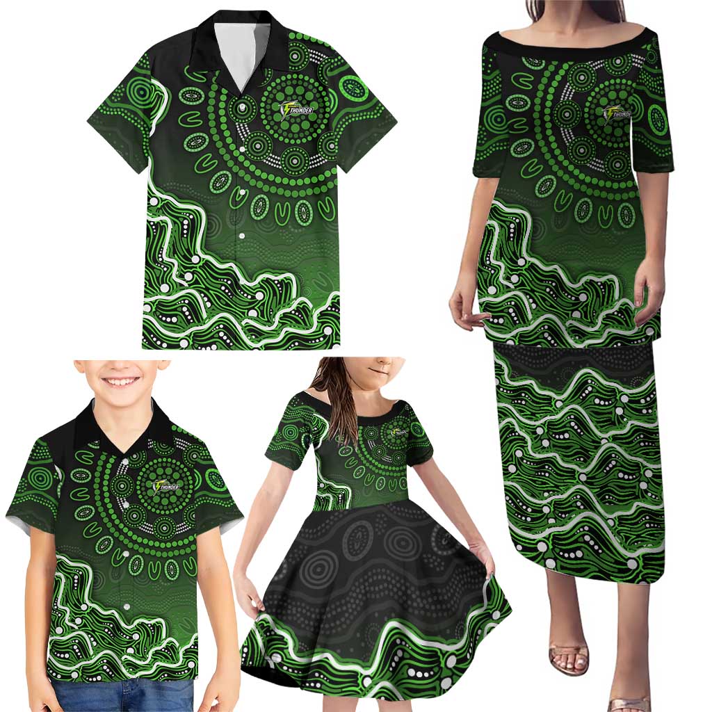 Sydney Thunder Cricket Mascot Family Matching Puletasi and Hawaiian Shirt Aboriginal Dot Art Green And Black Tribal Pattern