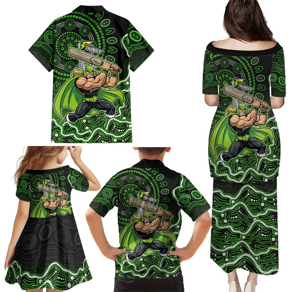 Sydney Thunder Cricket Mascot Family Matching Puletasi and Hawaiian Shirt Aboriginal Dot Art Green And Black Tribal Pattern
