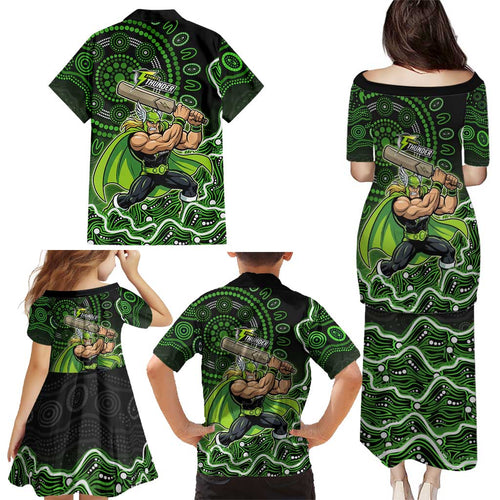 Sydney Thunder Cricket Mascot Family Matching Puletasi and Hawaiian Shirt Aboriginal Dot Art Green And Black Tribal Pattern