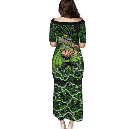 Sydney Thunder Cricket Mascot Family Matching Puletasi and Hawaiian Shirt Aboriginal Dot Art Green And Black Tribal Pattern