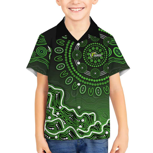Sydney Thunder Cricket Mascot Family Matching Puletasi and Hawaiian Shirt Aboriginal Dot Art Green And Black Tribal Pattern