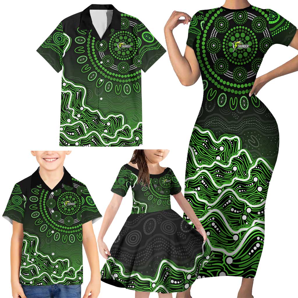 Sydney Thunder Cricket Mascot Family Matching Short Sleeve Bodycon Dress and Hawaiian Shirt Aboriginal Dot Art Green And Black Tribal Pattern