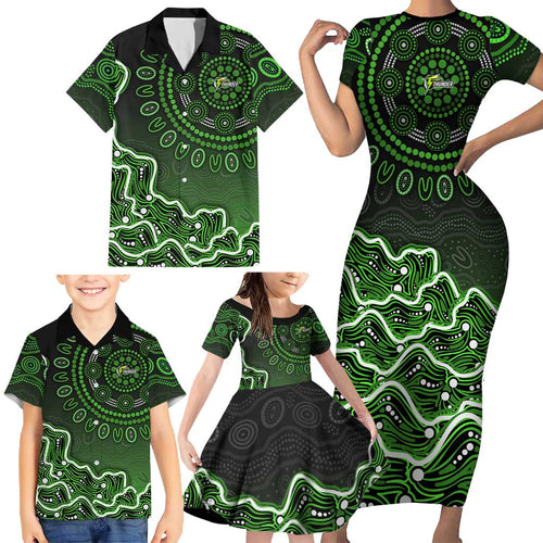 Sydney Thunder Cricket Mascot Family Matching Short Sleeve Bodycon Dress and Hawaiian Shirt Aboriginal Dot Art Green And Black Tribal Pattern