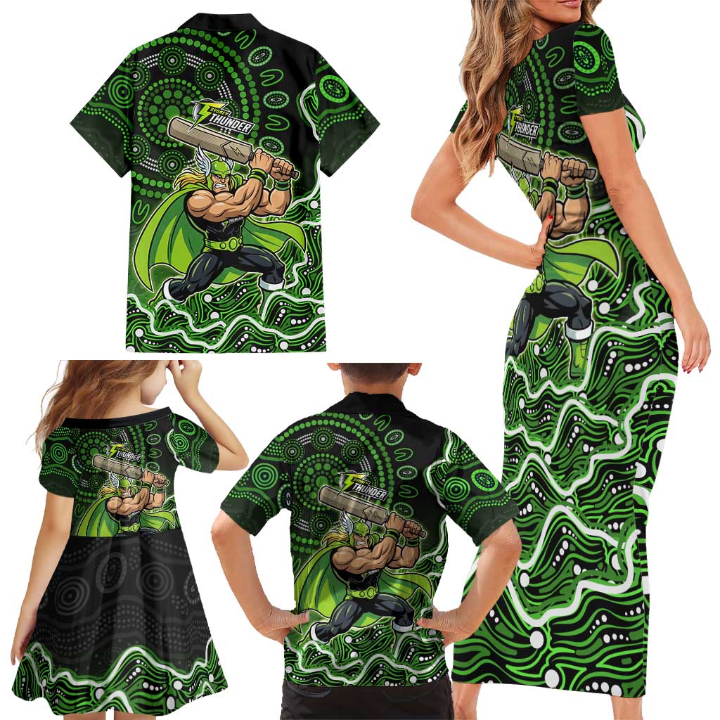 Sydney Thunder Cricket Mascot Family Matching Short Sleeve Bodycon Dress and Hawaiian Shirt Aboriginal Dot Art Green And Black Tribal Pattern