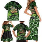 Sydney Thunder Cricket Mascot Family Matching Short Sleeve Bodycon Dress and Hawaiian Shirt Aboriginal Dot Art Green And Black Tribal Pattern