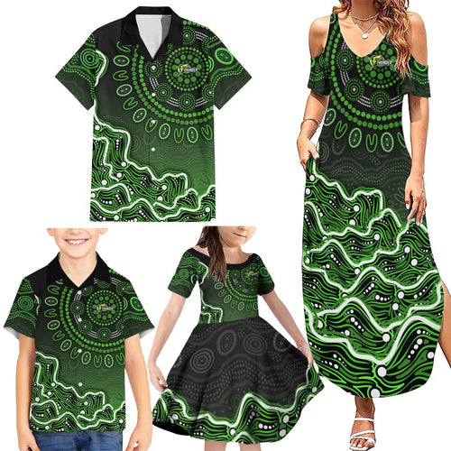 Sydney Thunder Cricket Mascot Family Matching Summer Maxi Dress and Hawaiian Shirt Aboriginal Dot Art Green And Black Tribal Pattern