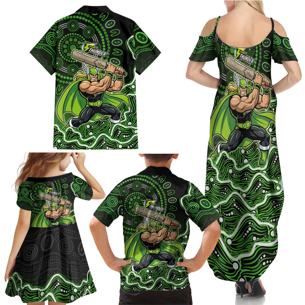 Sydney Thunder Cricket Mascot Family Matching Summer Maxi Dress and Hawaiian Shirt Aboriginal Dot Art Green And Black Tribal Pattern