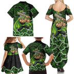 Sydney Thunder Cricket Mascot Family Matching Summer Maxi Dress and Hawaiian Shirt Aboriginal Dot Art Green And Black Tribal Pattern