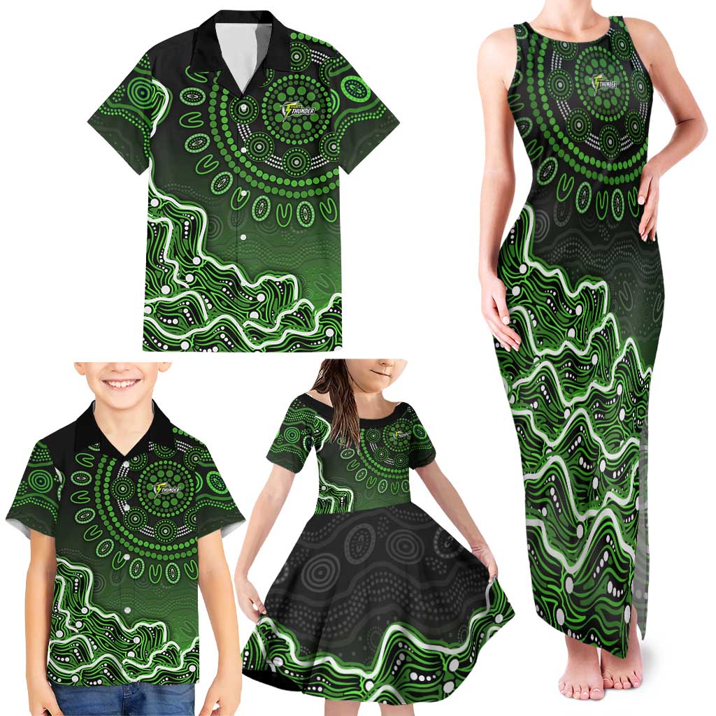 Sydney Thunder Cricket Mascot Family Matching Tank Maxi Dress and Hawaiian Shirt Aboriginal Dot Art Green And Black Tribal Pattern