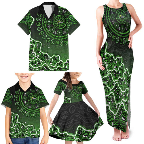 Sydney Thunder Cricket Mascot Family Matching Tank Maxi Dress and Hawaiian Shirt Aboriginal Dot Art Green And Black Tribal Pattern