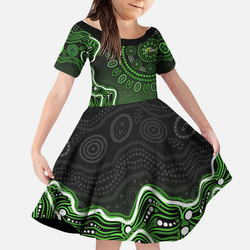 Sydney Thunder Cricket Mascot Family Matching Tank Maxi Dress and Hawaiian Shirt Aboriginal Dot Art Green And Black Tribal Pattern