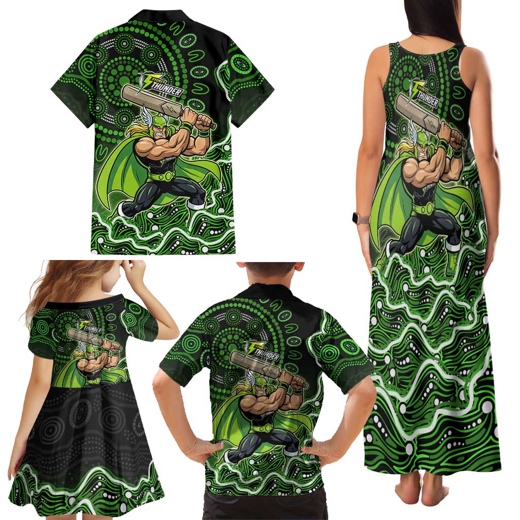 Sydney Thunder Cricket Mascot Family Matching Tank Maxi Dress and Hawaiian Shirt Aboriginal Dot Art Green And Black Tribal Pattern