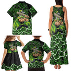 Sydney Thunder Cricket Mascot Family Matching Tank Maxi Dress and Hawaiian Shirt Aboriginal Dot Art Green And Black Tribal Pattern
