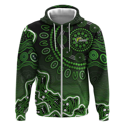 Sydney Thunder Cricket Mascot Hoodie Aboriginal Dot Art Green And Black Tribal Pattern