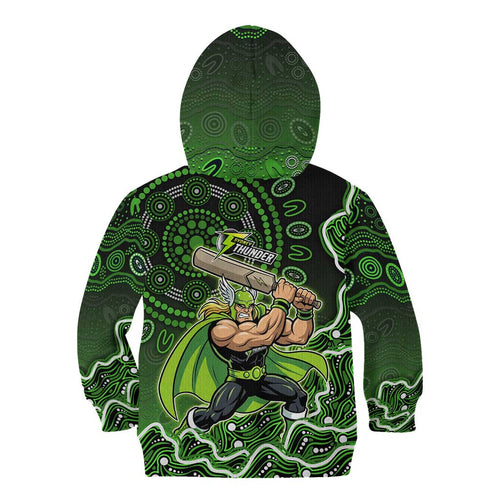 Sydney Thunder Cricket Mascot Kid Hoodie Aboriginal Dot Art Green And Black Tribal Pattern