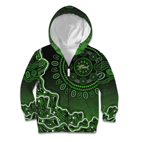 Sydney Thunder Cricket Mascot Kid Hoodie Aboriginal Dot Art Green And Black Tribal Pattern