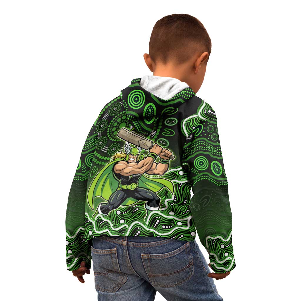 Sydney Thunder Cricket Mascot Kid Hoodie Aboriginal Dot Art Green And Black Tribal Pattern