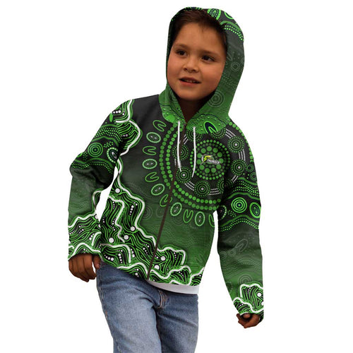 Sydney Thunder Cricket Mascot Kid Hoodie Aboriginal Dot Art Green And Black Tribal Pattern