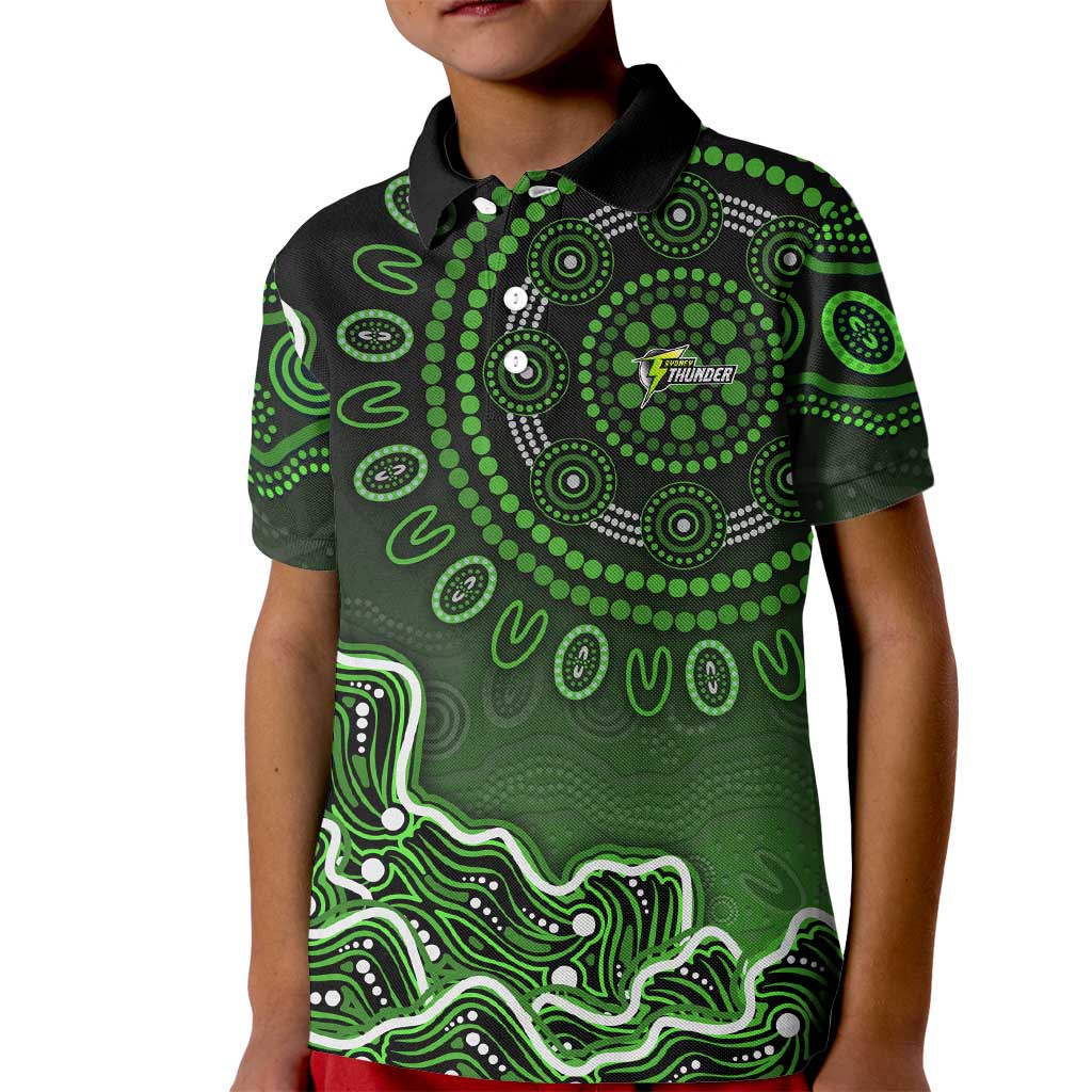 Sydney Thunder Cricket Mascot Kid Polo Shirt Aboriginal Dot Art Green And Black Tribal Pattern
