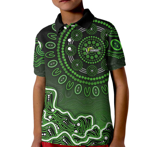 Sydney Thunder Cricket Mascot Kid Polo Shirt Aboriginal Dot Art Green And Black Tribal Pattern