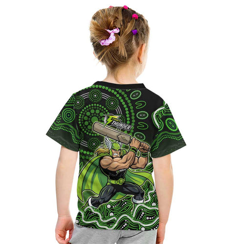 Sydney Thunder Cricket Mascot Kid T Shirt Aboriginal Dot Art Green And Black Tribal Pattern