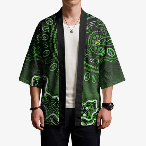 Sydney Thunder Cricket Mascot Kimono Aboriginal Dot Art Green And Black Tribal Pattern