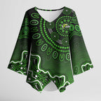Sydney Thunder Cricket Mascot Kimono Sleeve Blouse Aboriginal Dot Art Green And Black Tribal Pattern