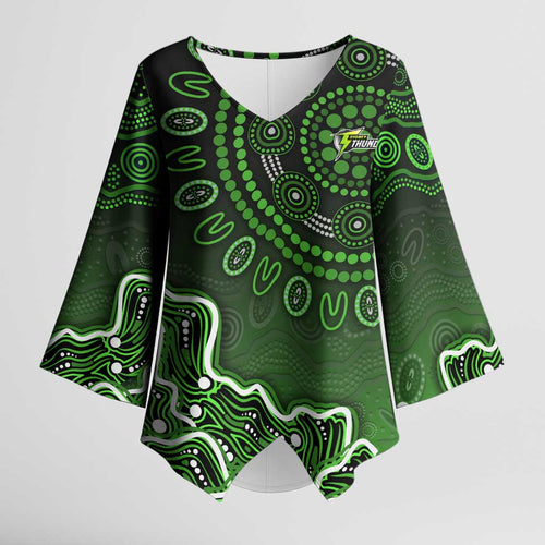 Sydney Thunder Cricket Mascot Kimono Sleeve Blouse Aboriginal Dot Art Green And Black Tribal Pattern