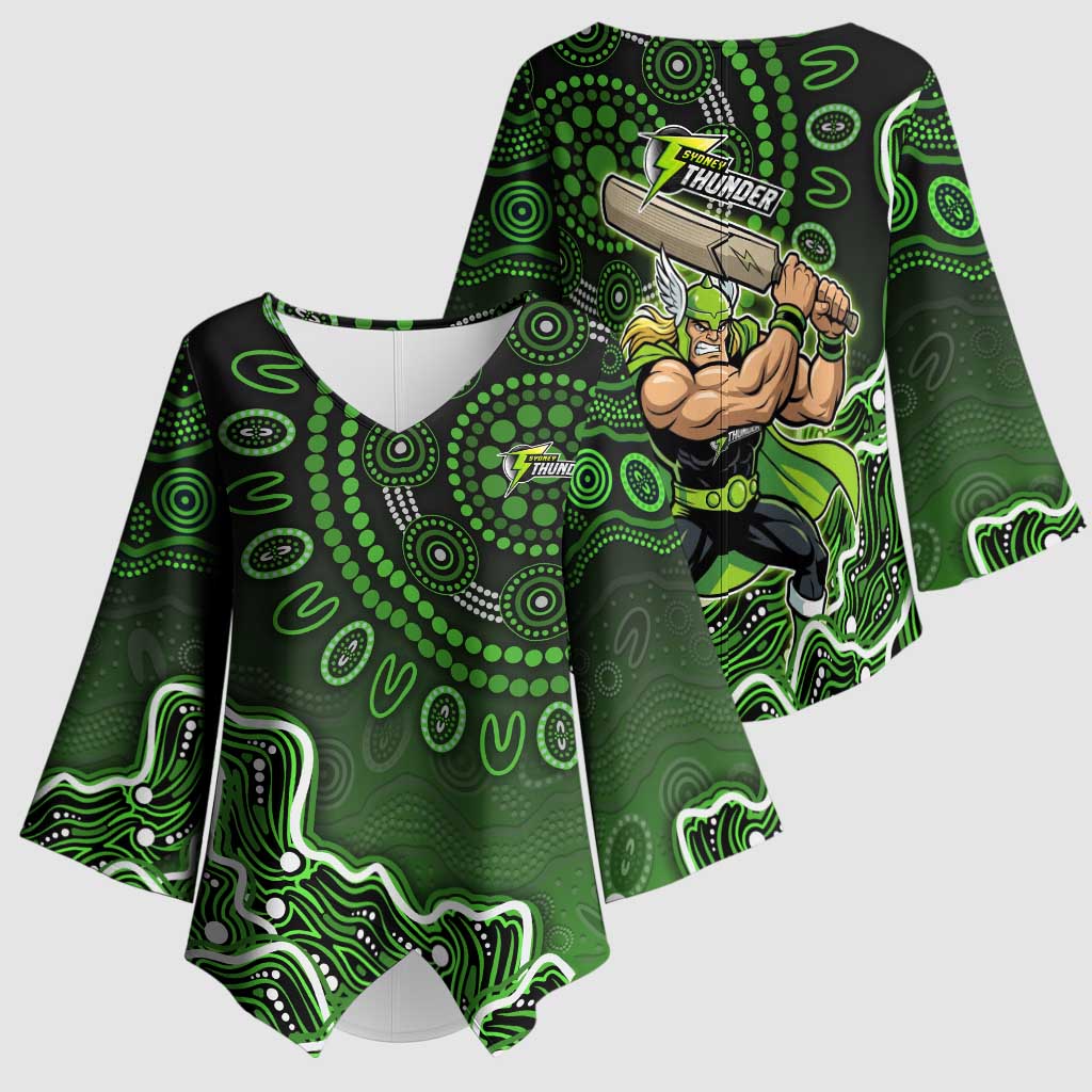 Sydney Thunder Cricket Mascot Kimono Sleeve Blouse Aboriginal Dot Art Green And Black Tribal Pattern