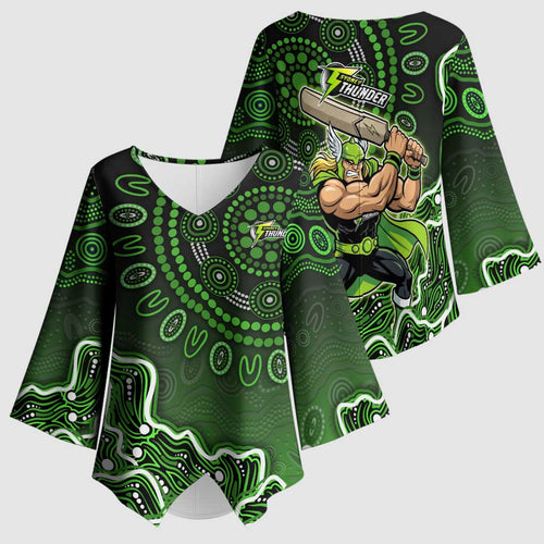 Sydney Thunder Cricket Mascot Kimono Sleeve Blouse Aboriginal Dot Art Green And Black Tribal Pattern