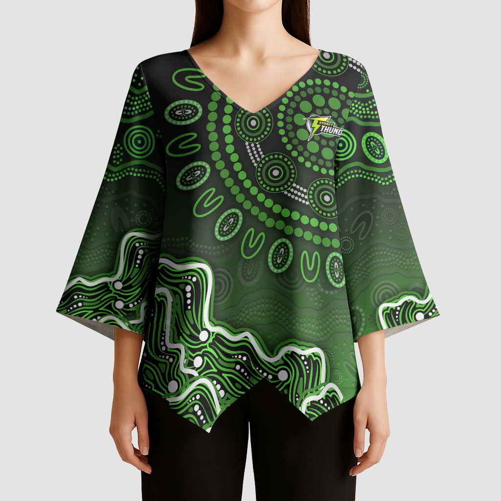 Sydney Thunder Cricket Mascot Kimono Sleeve Blouse Aboriginal Dot Art Green And Black Tribal Pattern