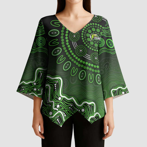 Sydney Thunder Cricket Mascot Kimono Sleeve Blouse Aboriginal Dot Art Green And Black Tribal Pattern