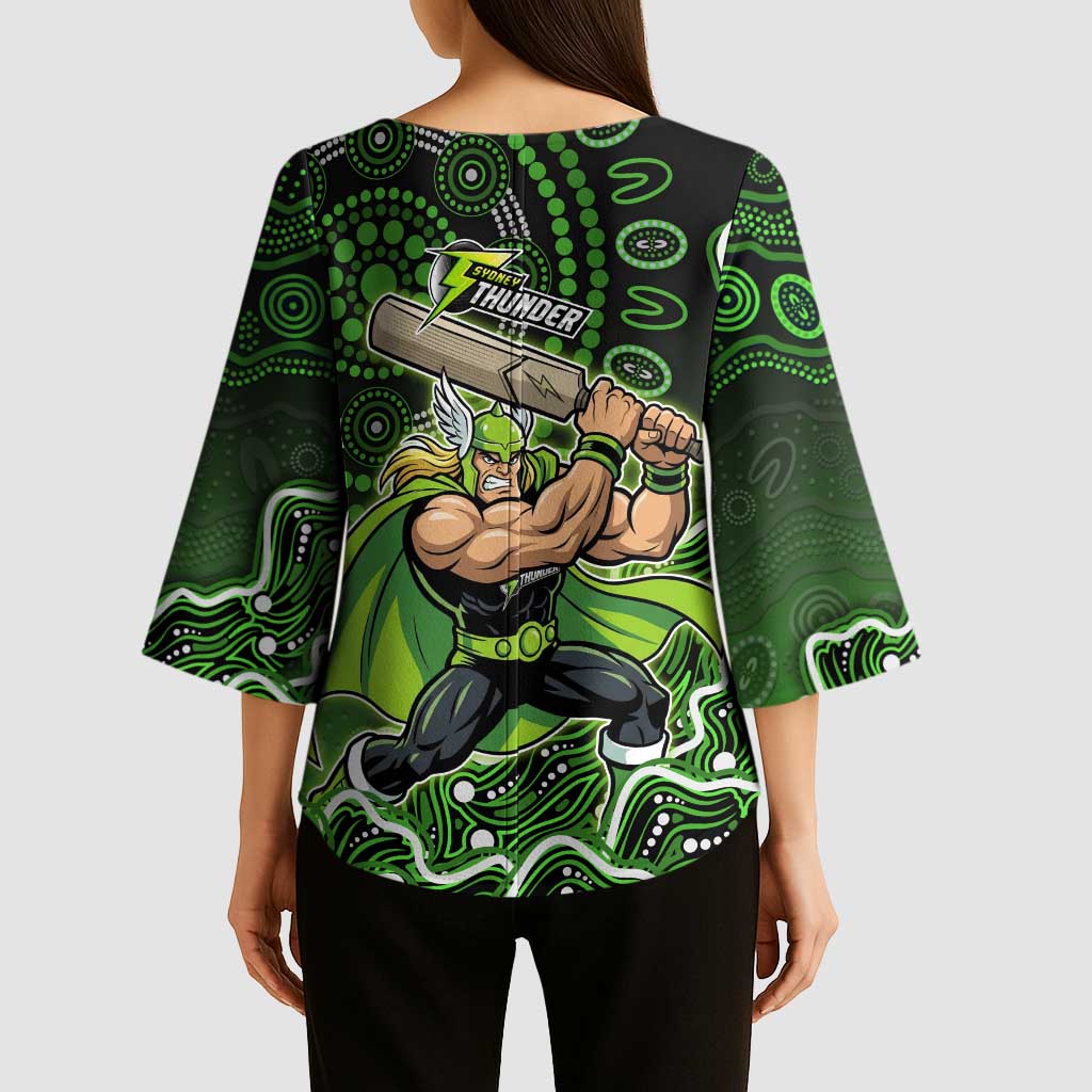 Sydney Thunder Cricket Mascot Kimono Sleeve Blouse Aboriginal Dot Art Green And Black Tribal Pattern
